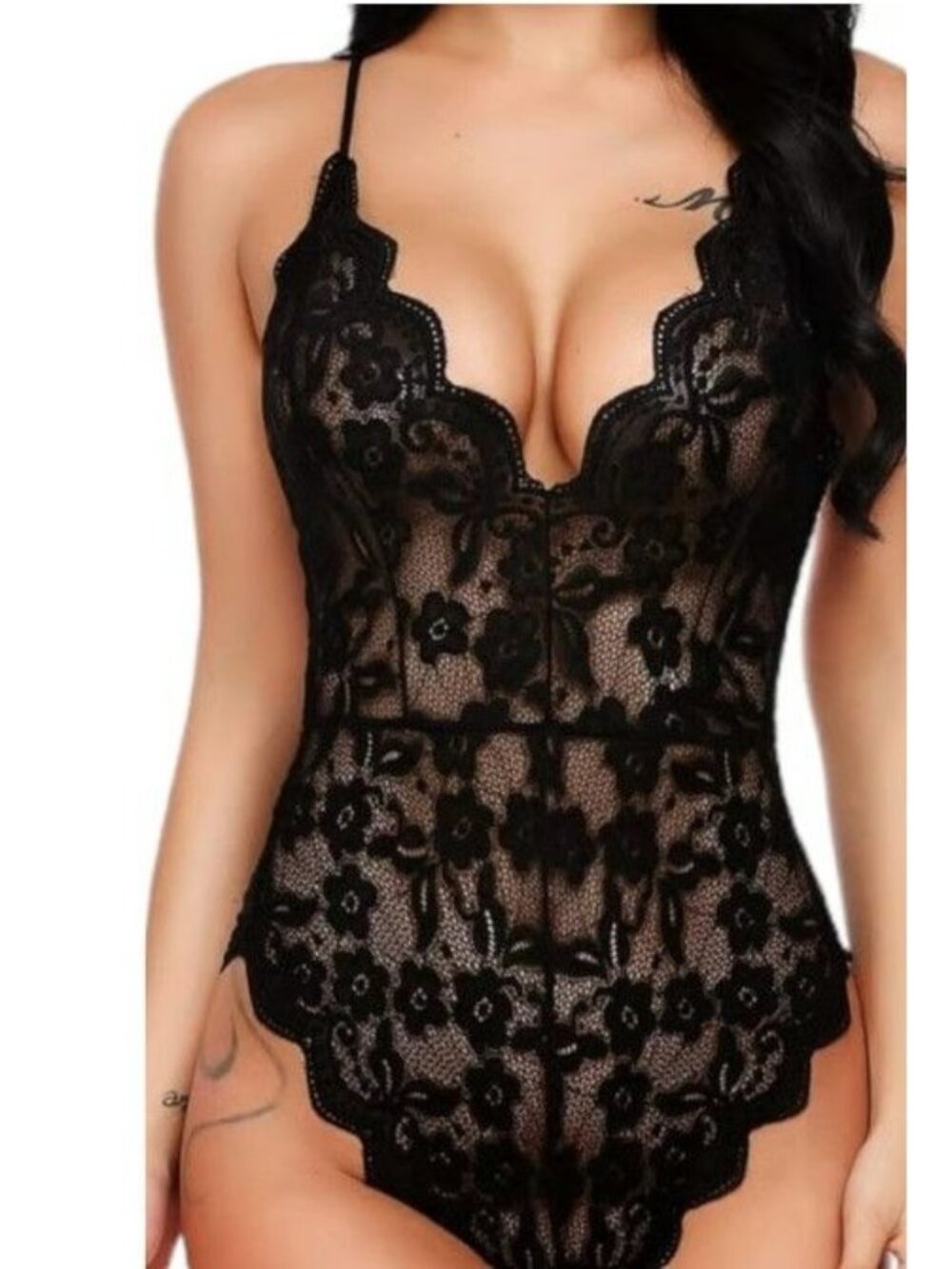Avidlove Women's 4XL Black Floral Lace Teddy Bodysuit Sheer Plunge NWT